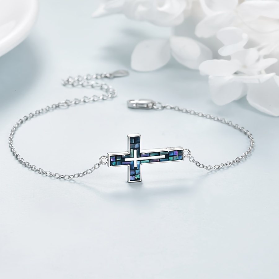 925 Silver Abalone Shell Cross Bracelet Gift